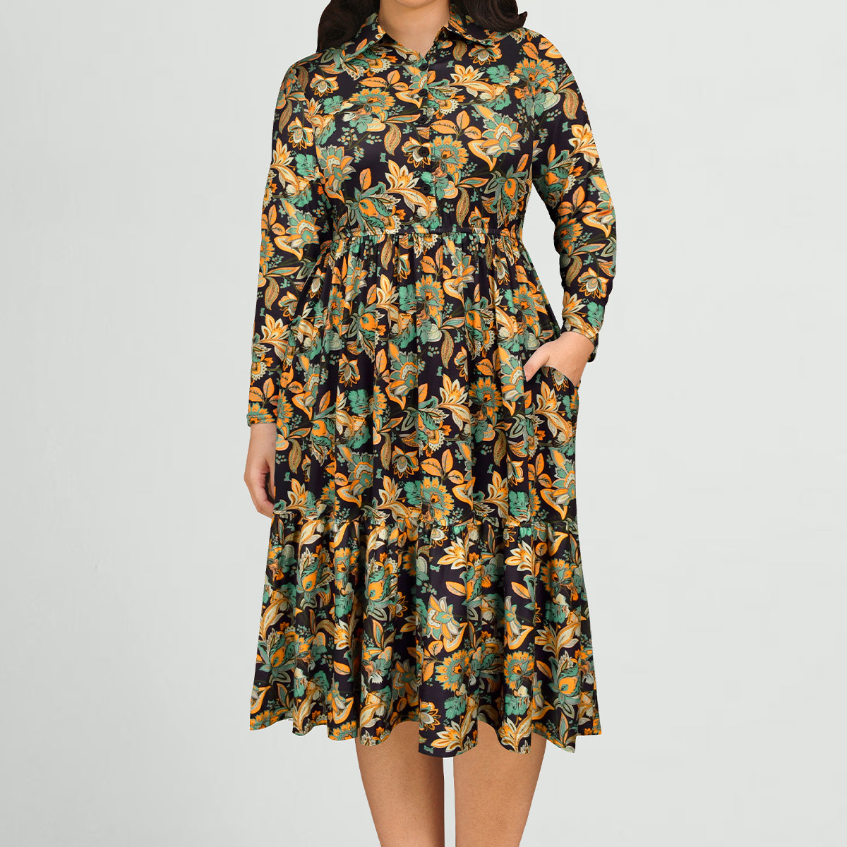 Heart Print Button-Front Belted Midi Dress