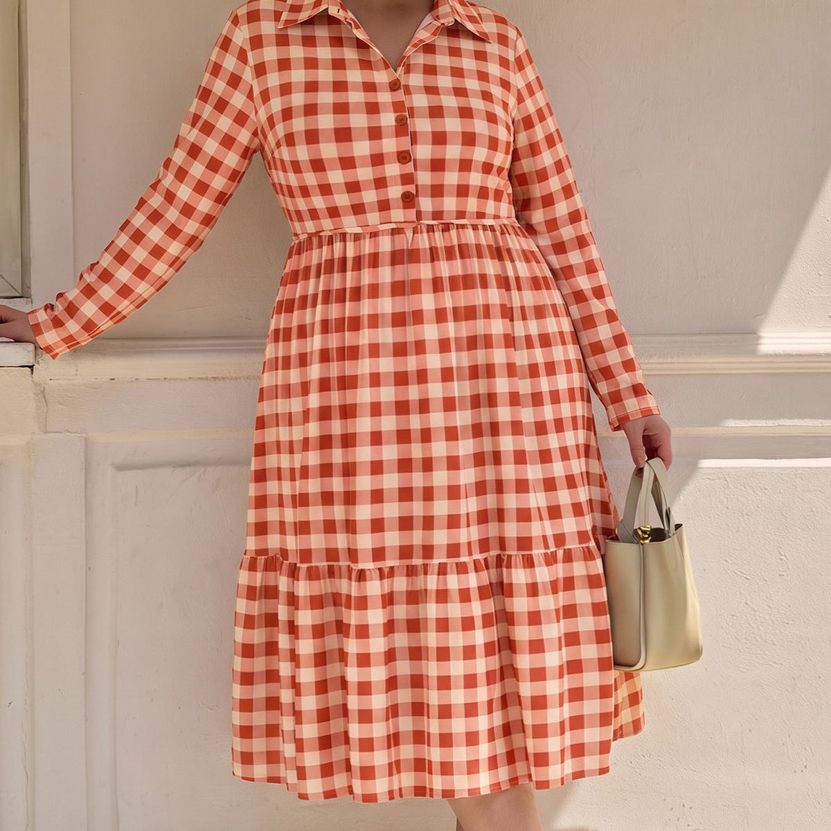 Pockets Floral Tiered Ruched Shirt Collar Midi Dress