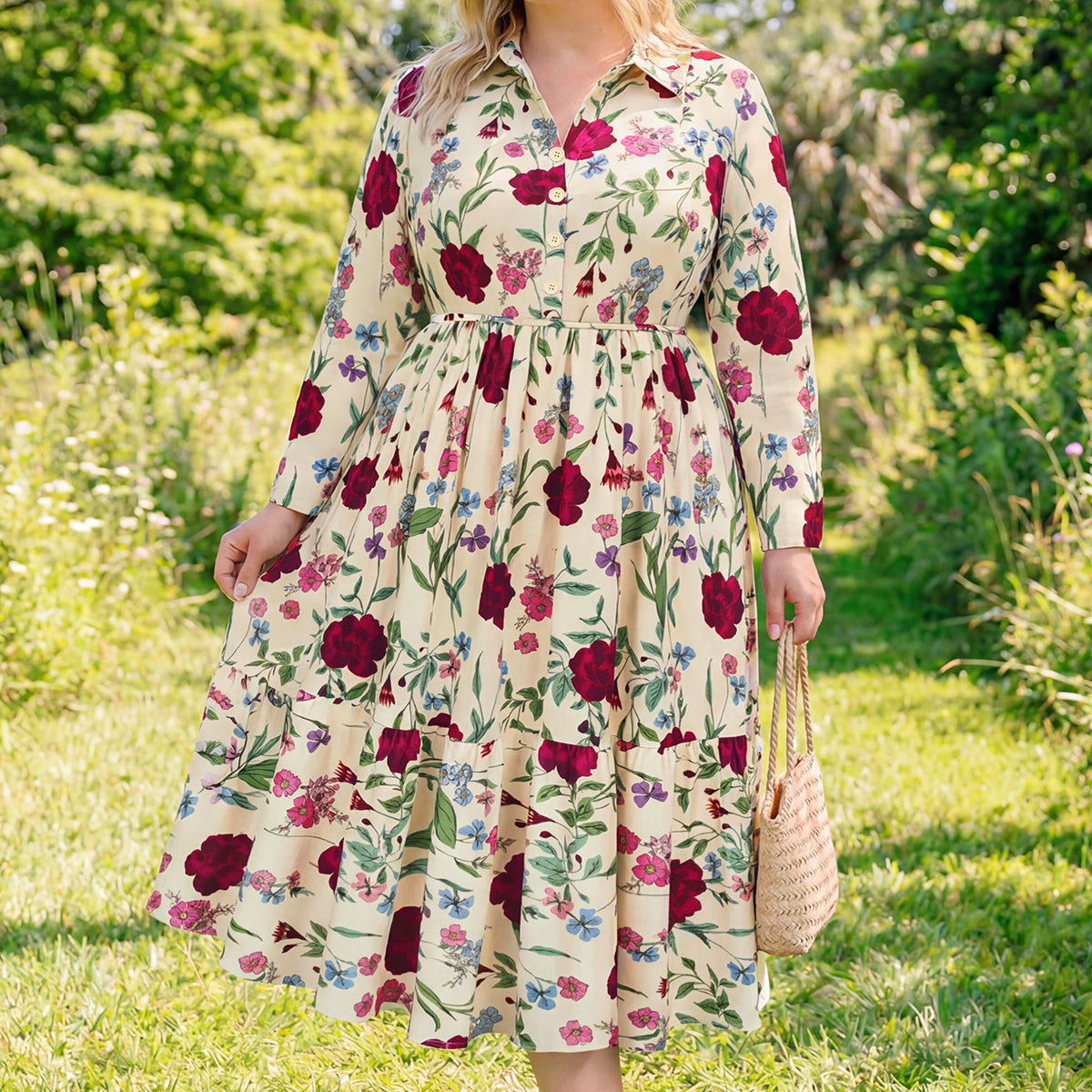 Heart Print Button-Front Belted Midi Dress