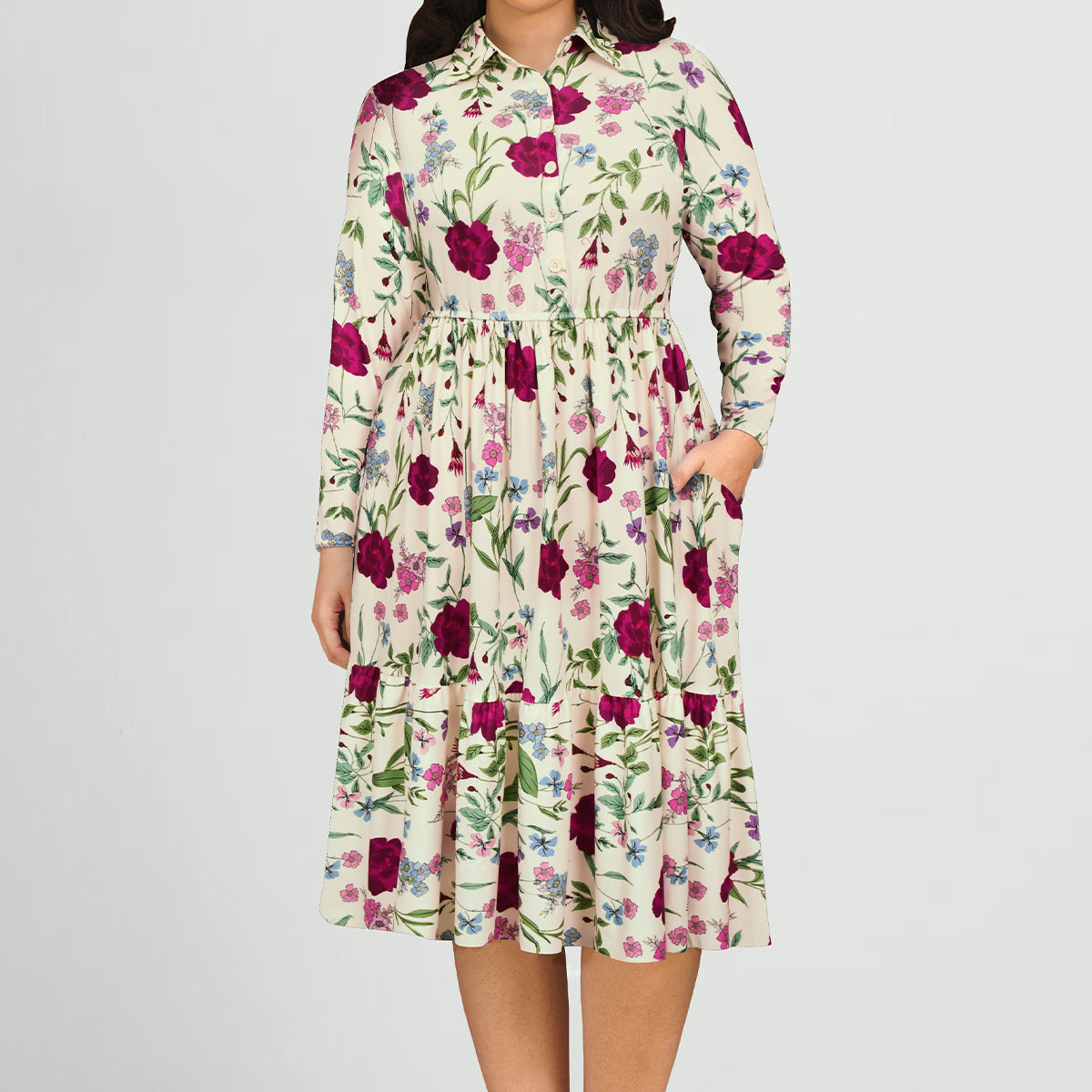 Heart Print Button-Front Belted Midi Dress