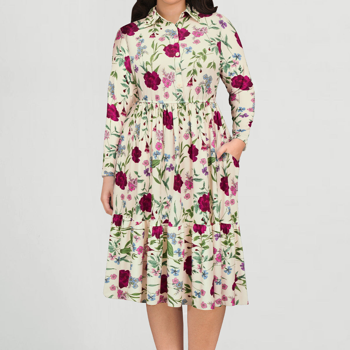 Pockets Floral Tiered Ruched Shirt Collar Midi Dress