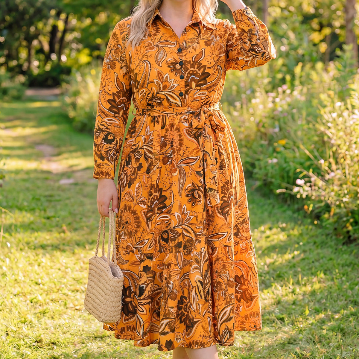 Floral Print Shirt Collar Long Sleeve Tiered Midi Dress