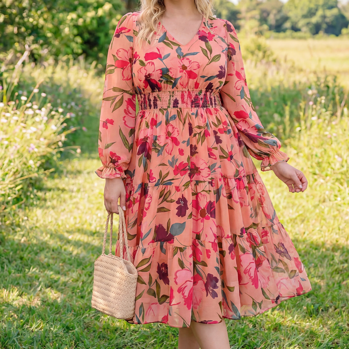 Vintage Floral Shirred Waist Midi Dress