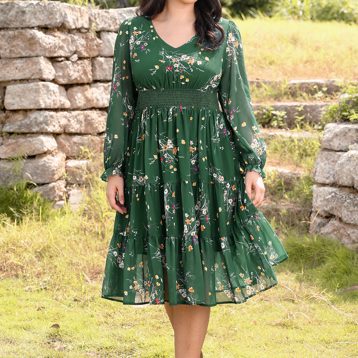 Vintage Floral Shirred Waist Midi Dress