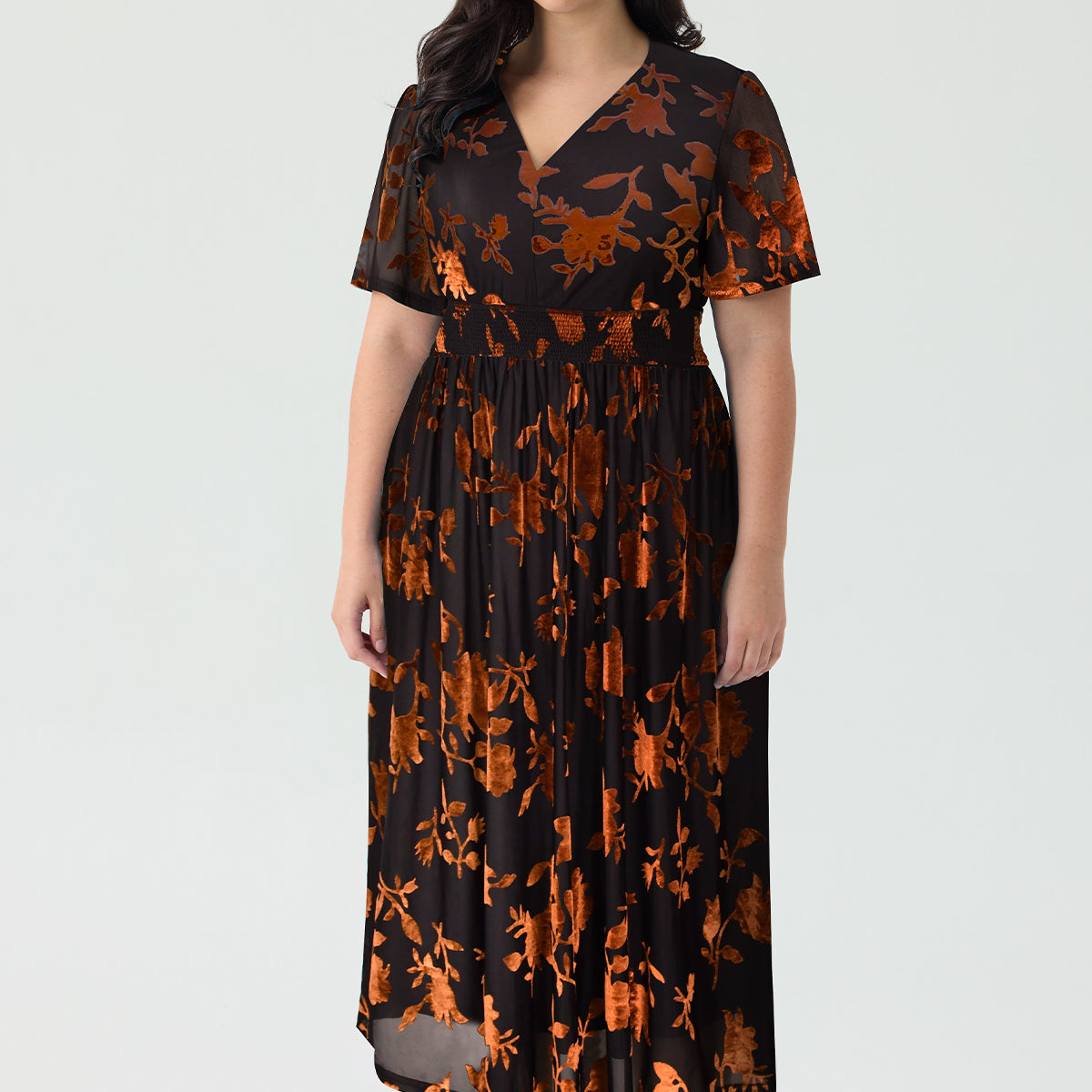 Ritera Pockets Smocked Waist Jacquard Floral A-Line Midi Dress