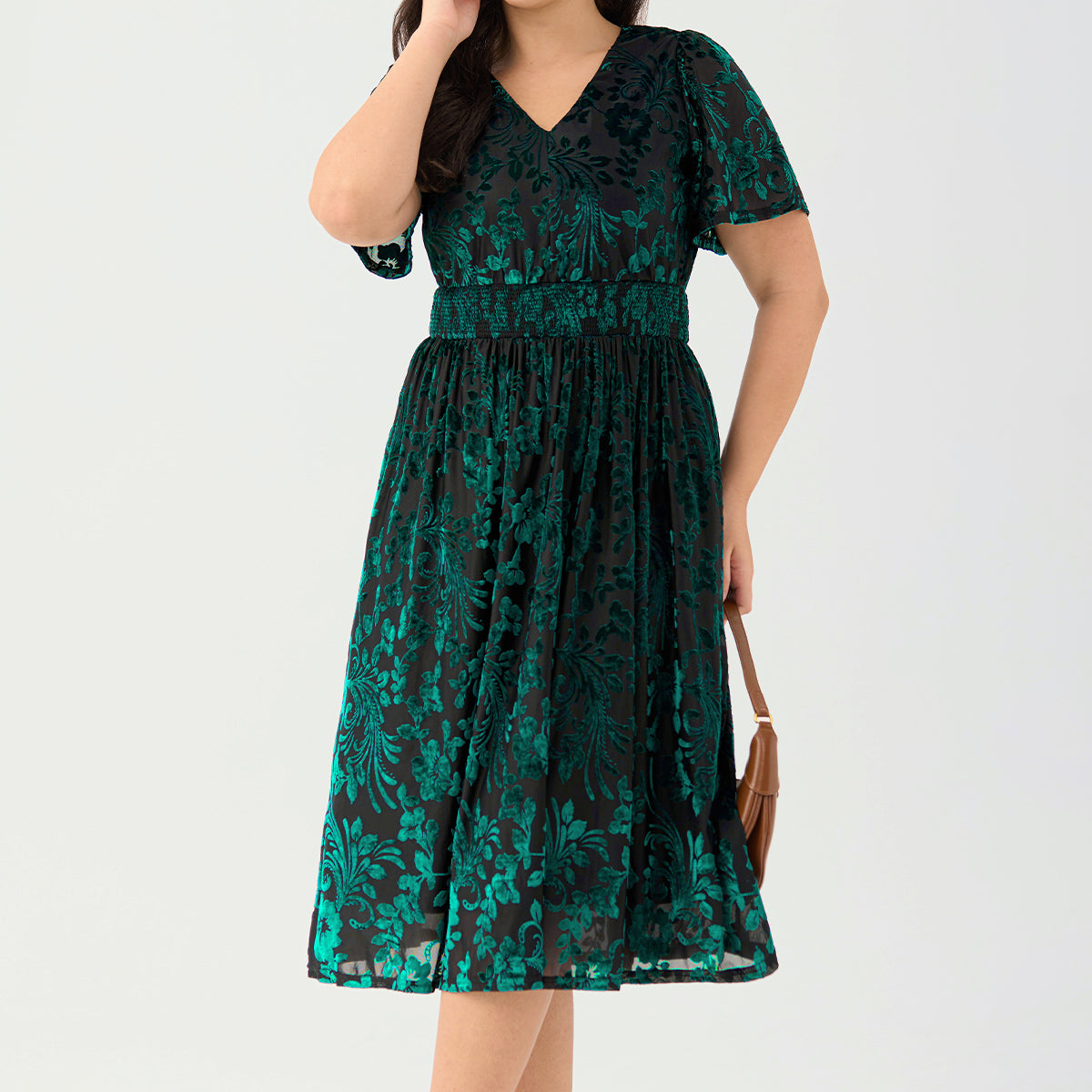 Ritera Pockets Smocked Waist Jacquard Floral A-Line Midi Dress