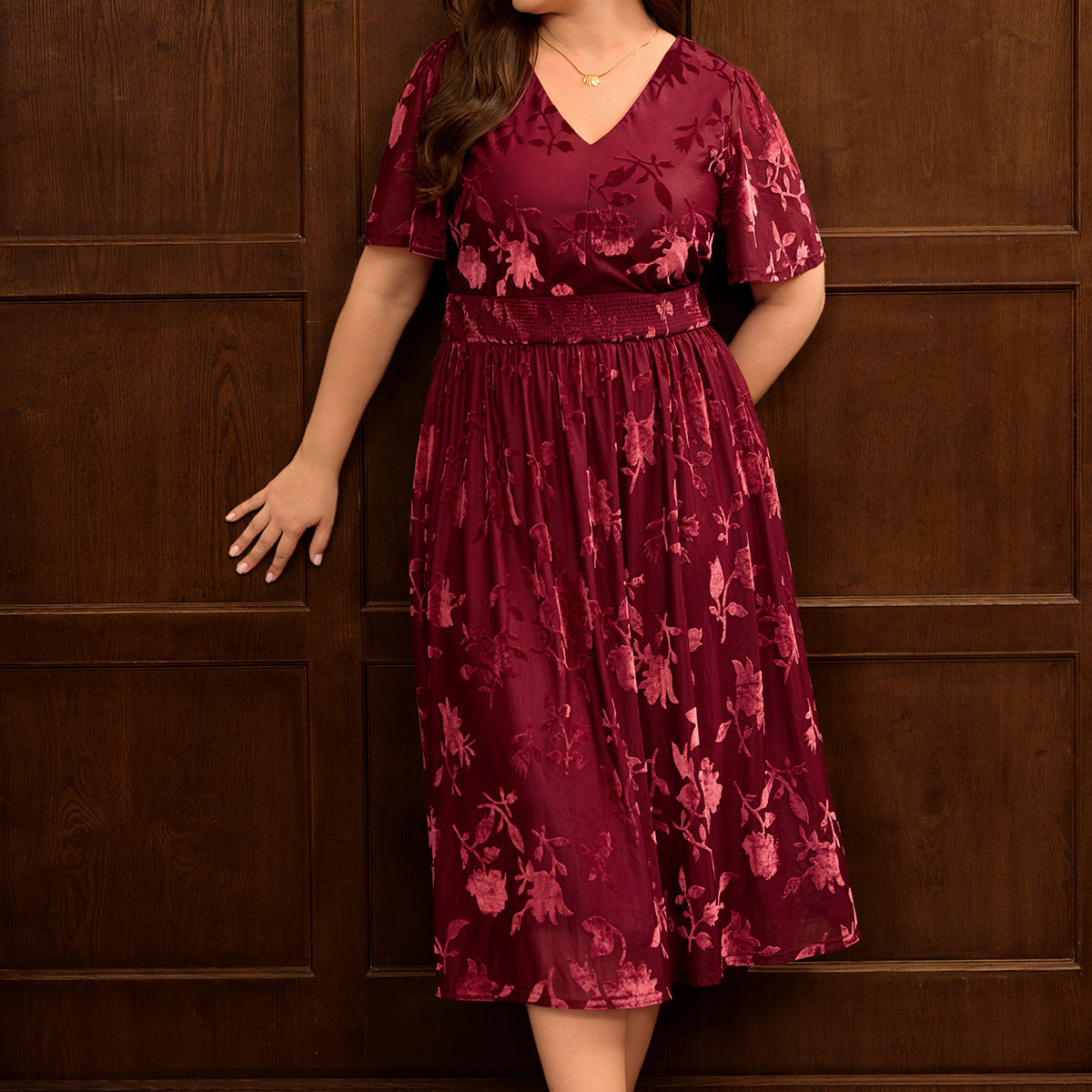 Ritera Pockets Smocked Waist Jacquard Floral A-Line Midi Dress