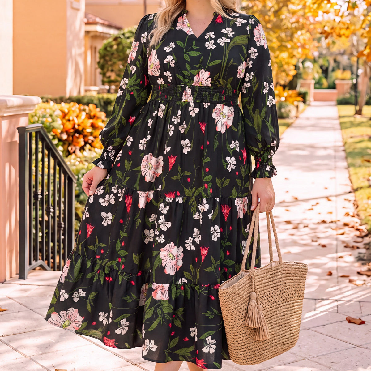 Vintage Floral Smocked Waist Midi Dress