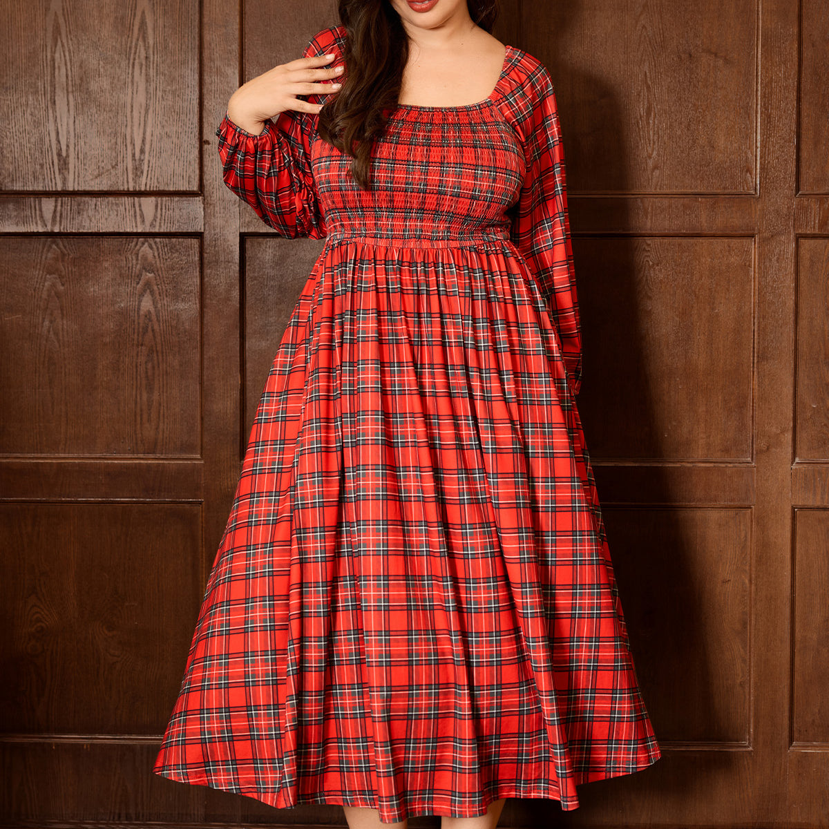 Plaid Print Drawstring Tie-Front Midi Dress
