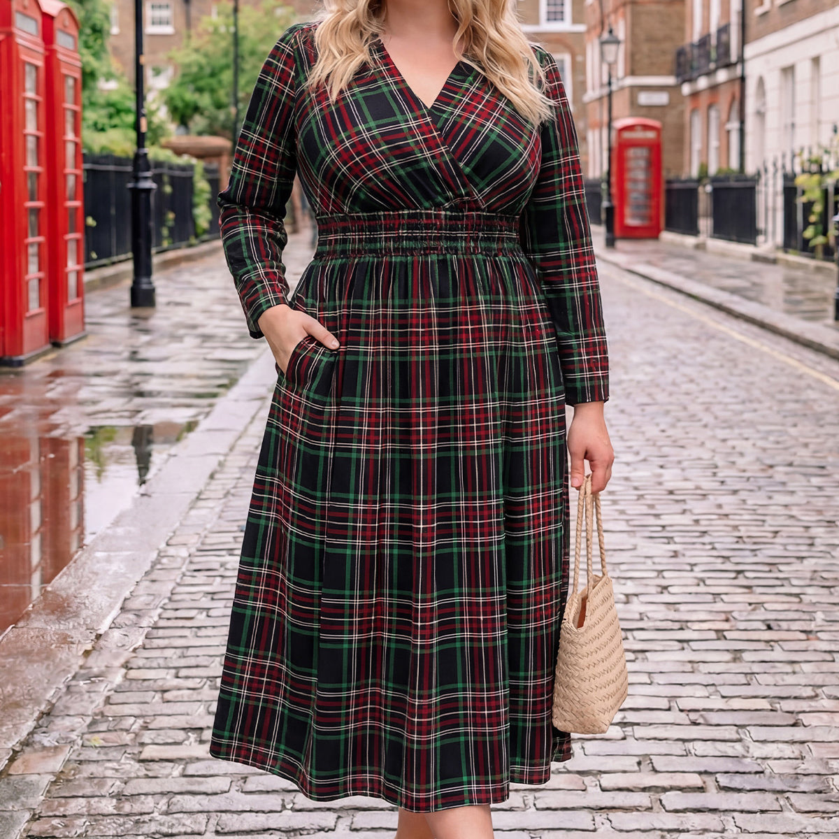 Tartan Plaid Pockets Midi Dress