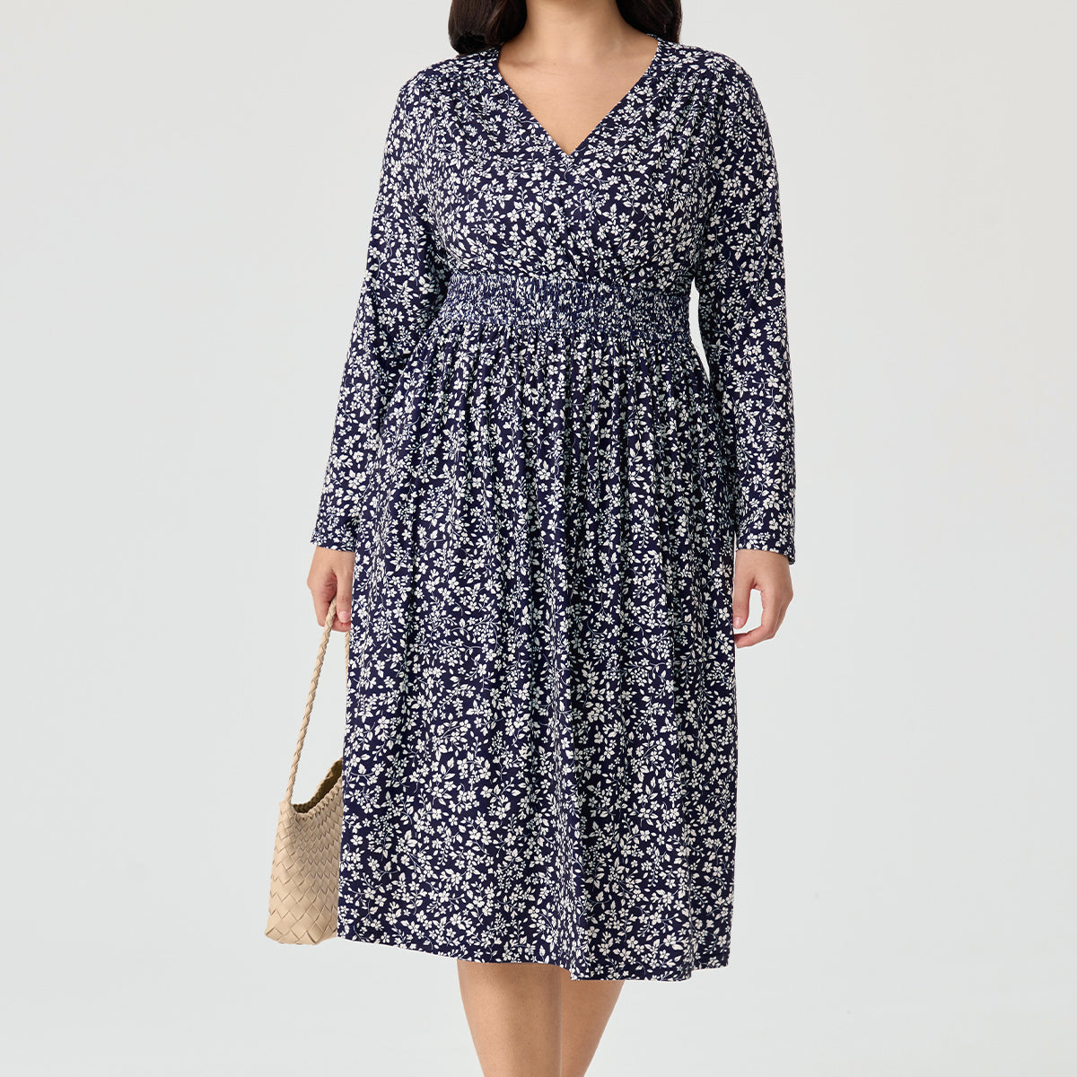 Floral Print Pockets Ruched Smocked Waist Midi Dress