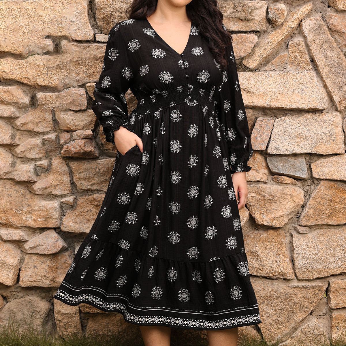 Ritera Pockets Polka Dot Smocked A-Line Midi Dress