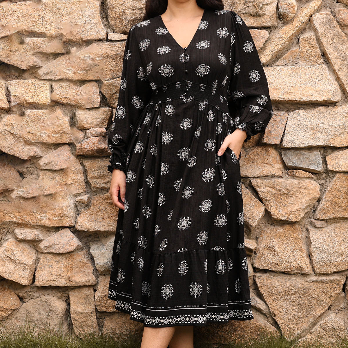 Ritera Pockets Bohemian Smocked A-Line Midi Dress