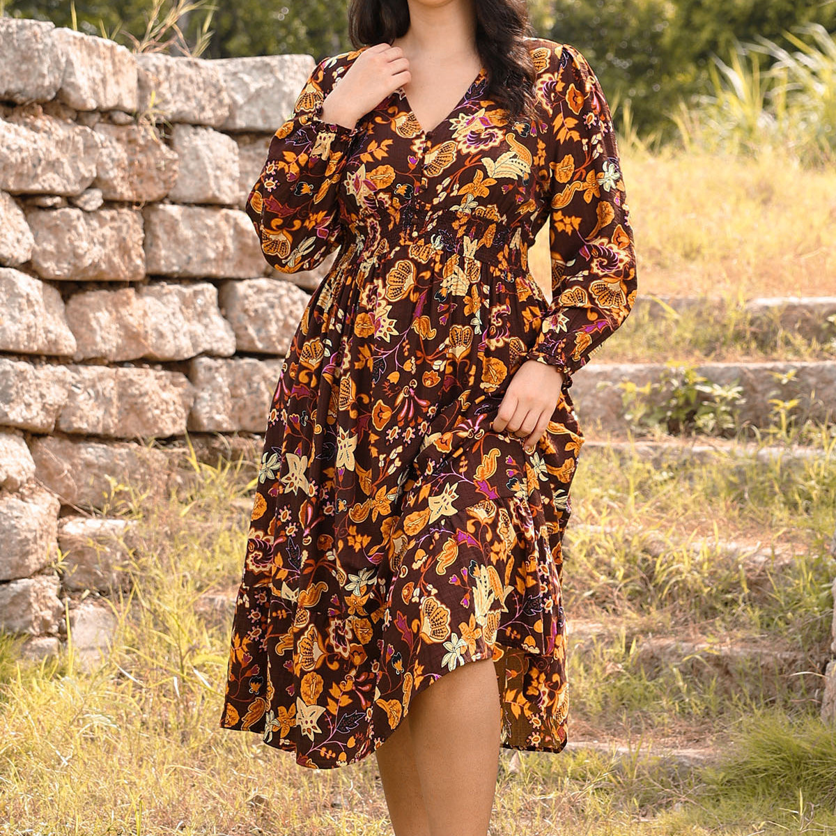 Ritera Pockets Polka Dot Smocked A-Line Midi Dress