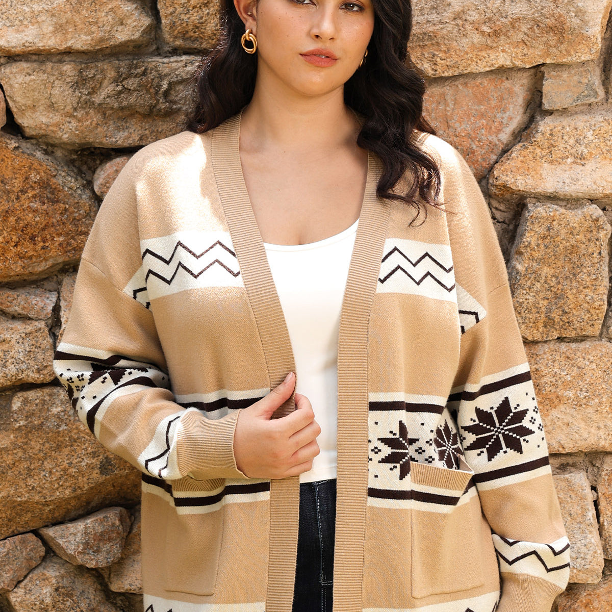 Ritera Pockets Open-Front Fair Isle Knit Cardigan