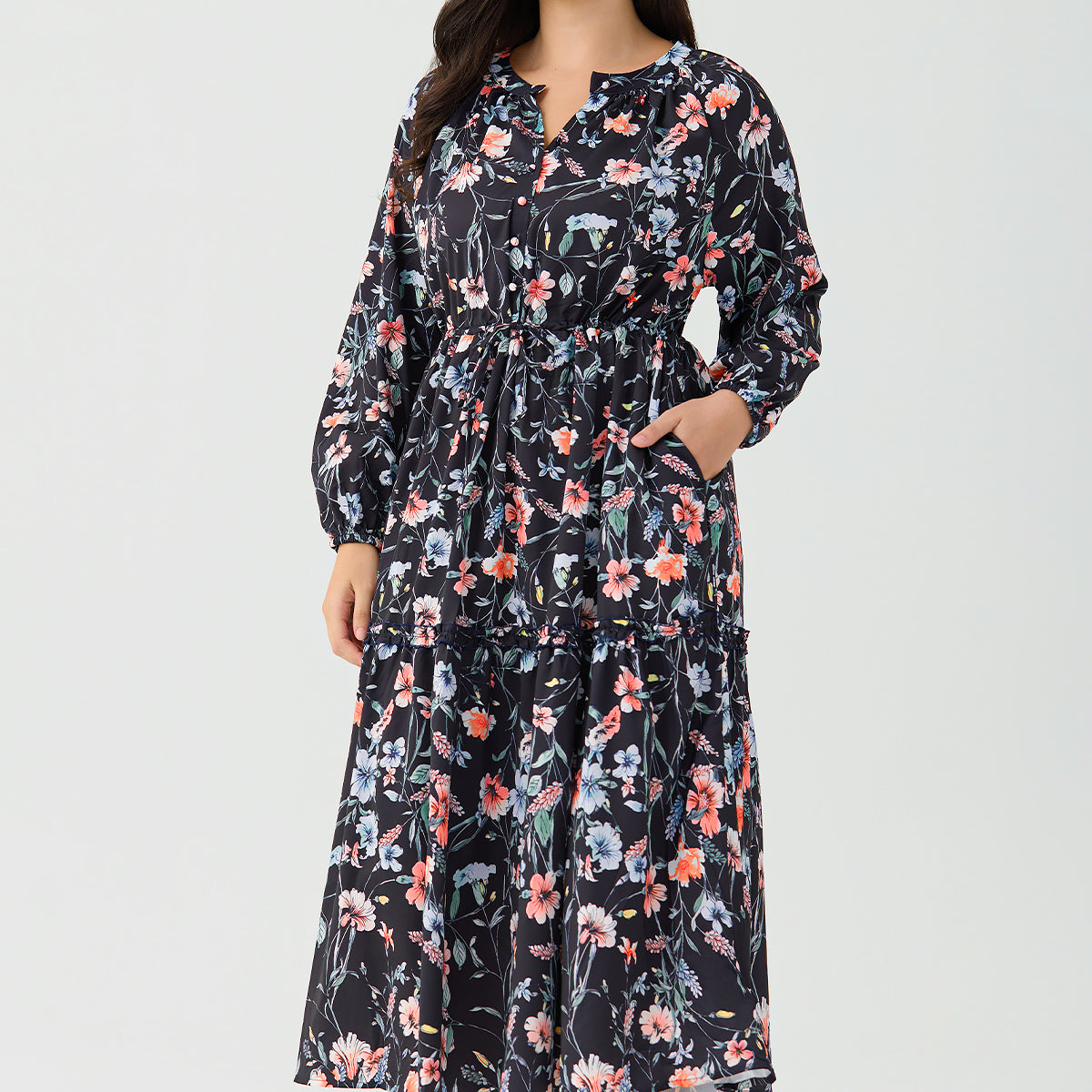 Ritera Pockets Star Floral Print Drawstring Waist Tiered Midi Dress