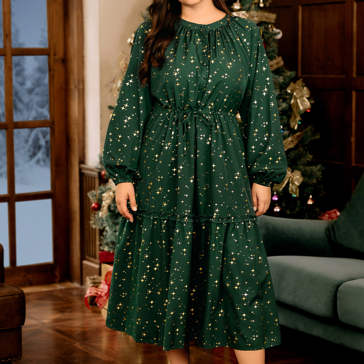 Ritera Pockets Star Floral Print Drawstring Waist Tiered Midi Dress