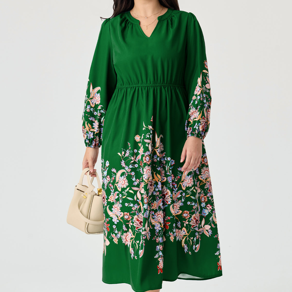 Floral Printed V Neck Long Sleeve Midi Dress