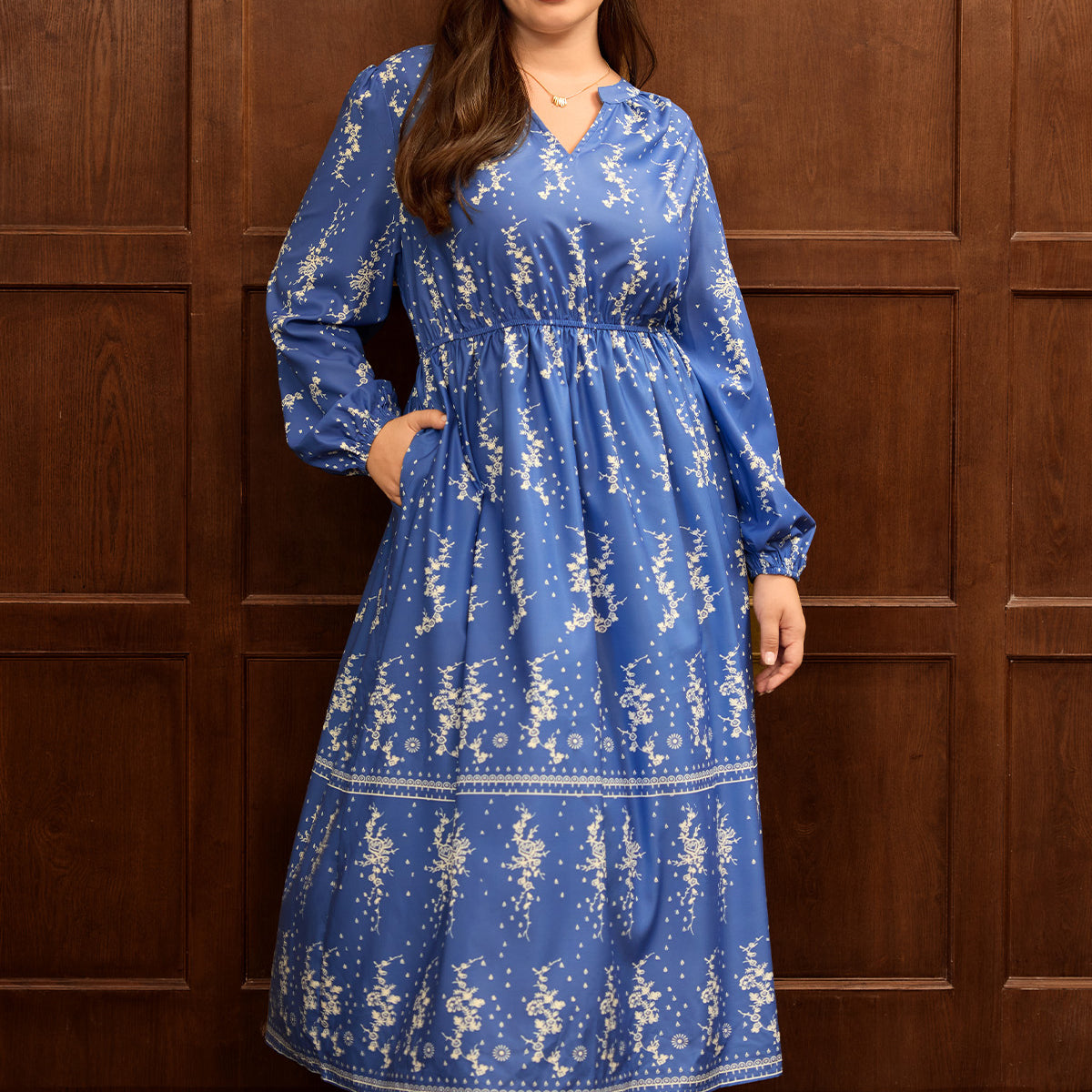 Floral Print V Neck Balloon Sleeve Smocked Waist Midi Dress