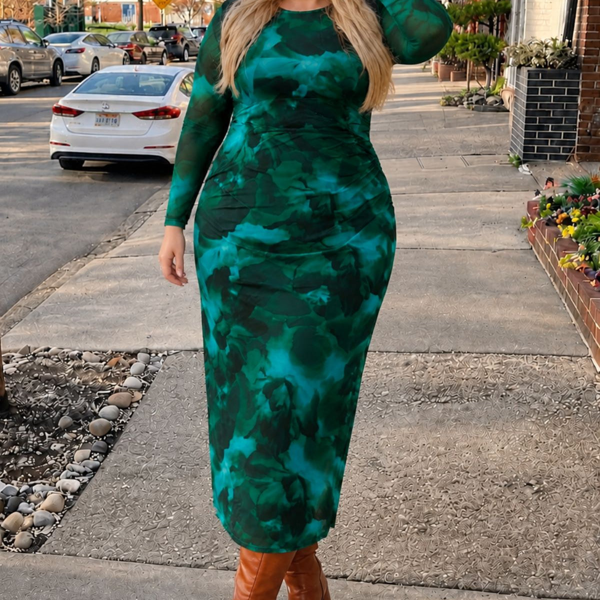 Ritera Plaid Ruched Chic Bodycon Cocktail Midi Dress