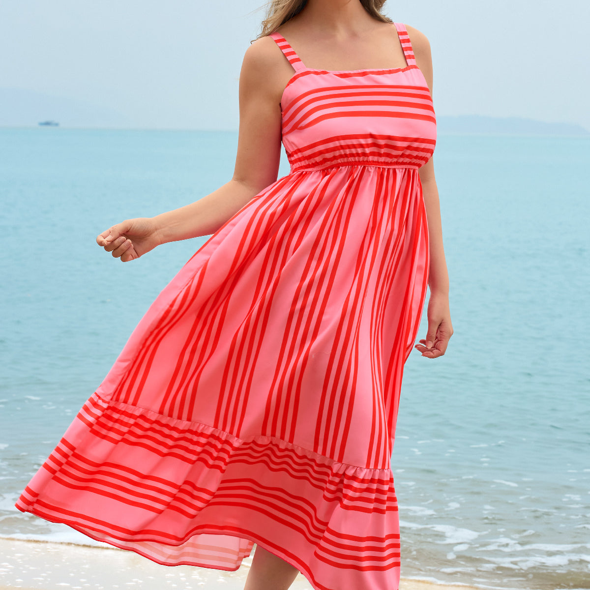 Coastal Floral Stripe Effortless Midi Dress