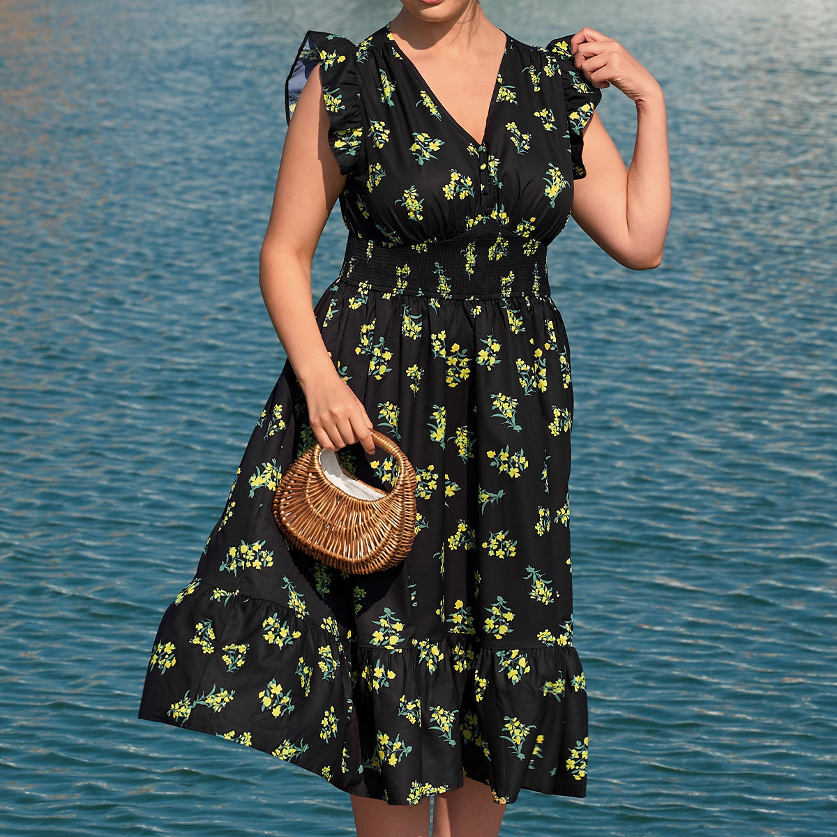 Vibrant Print Ruffled Sleeve Midi Dress