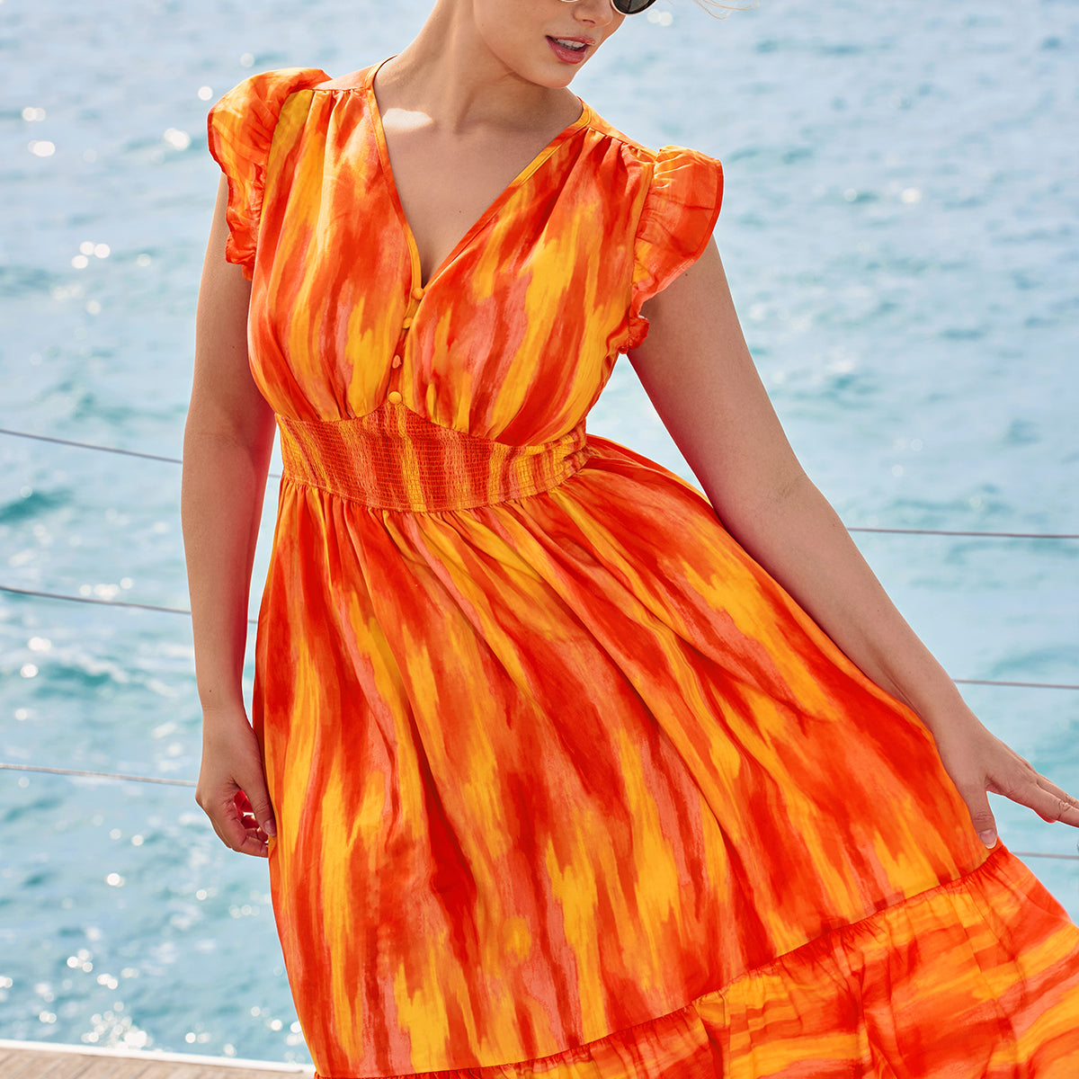 Vibrant Print Ruffled Sleeve Midi Dress