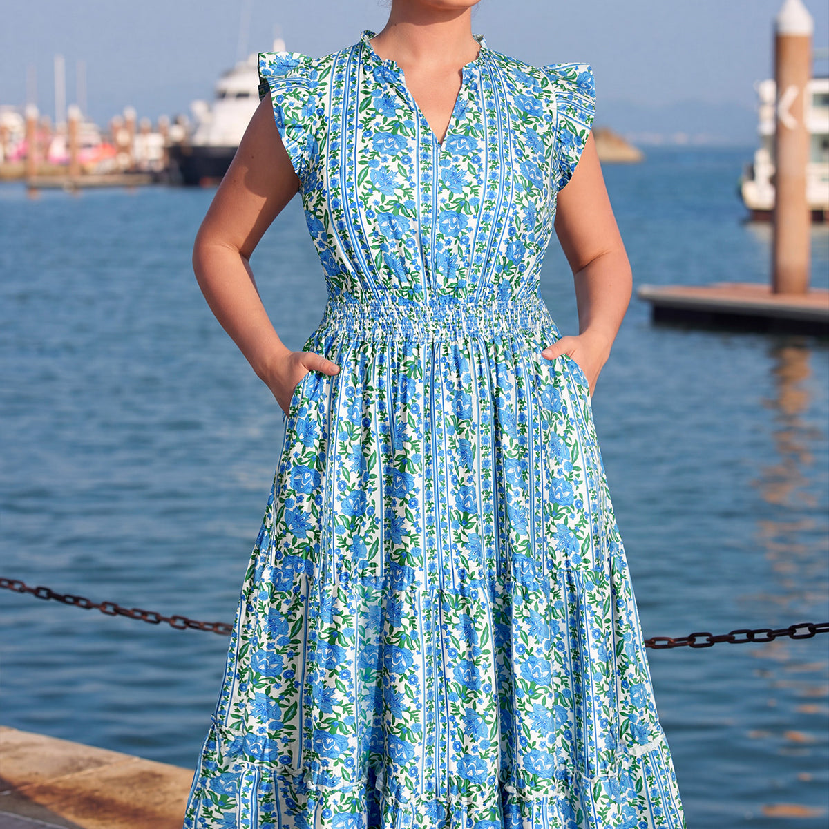 Boho Striped Floral Flutter Sleeve Smocked Tiered Midi Dress