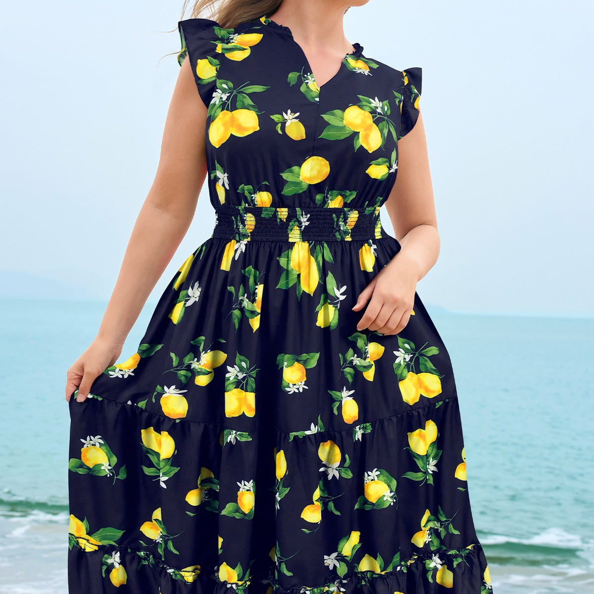 Boho Striped Floral Flutter Sleeve Smocked Tiered Midi Dress