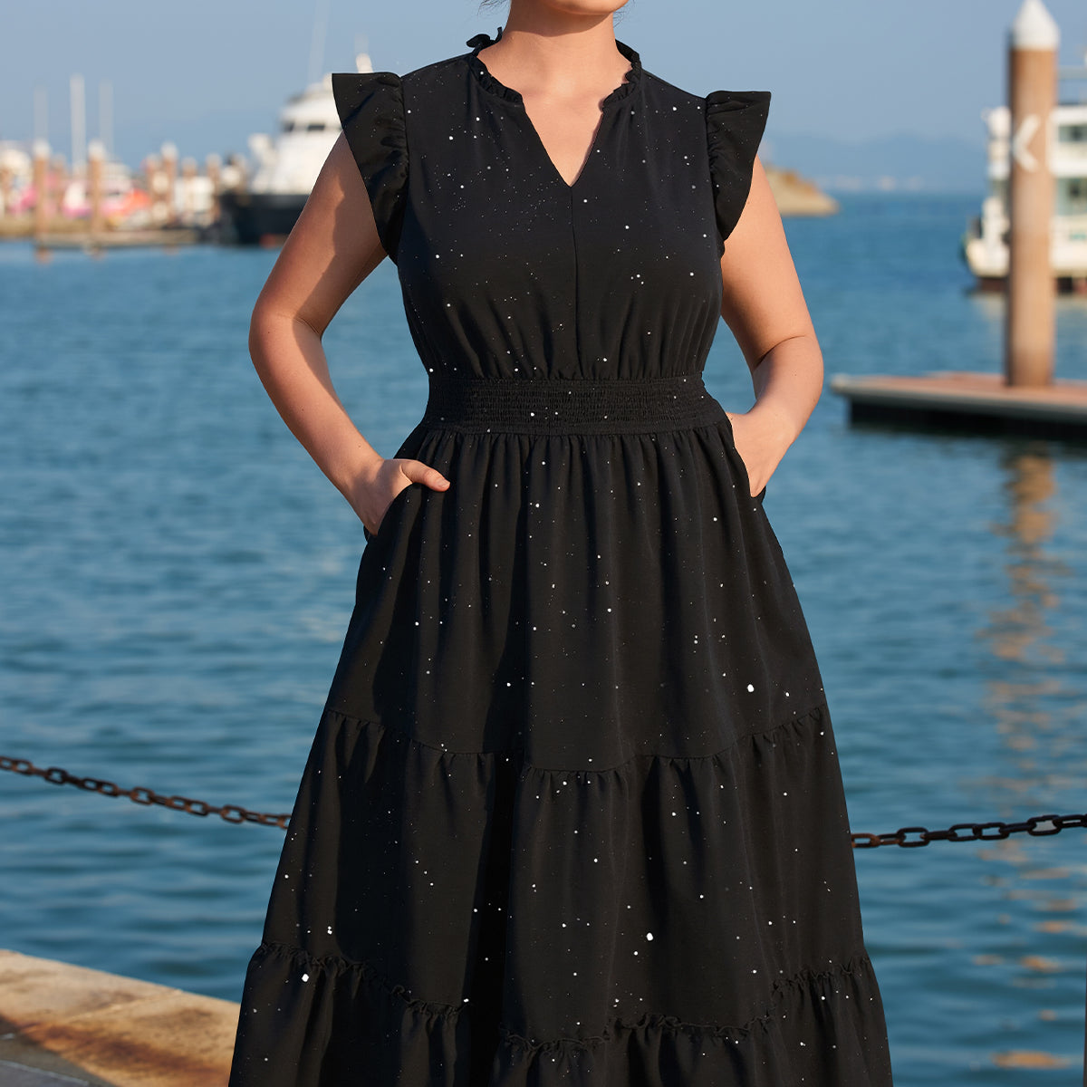 Boho Striped Floral Flutter Sleeve Smocked Tiered Midi Dress