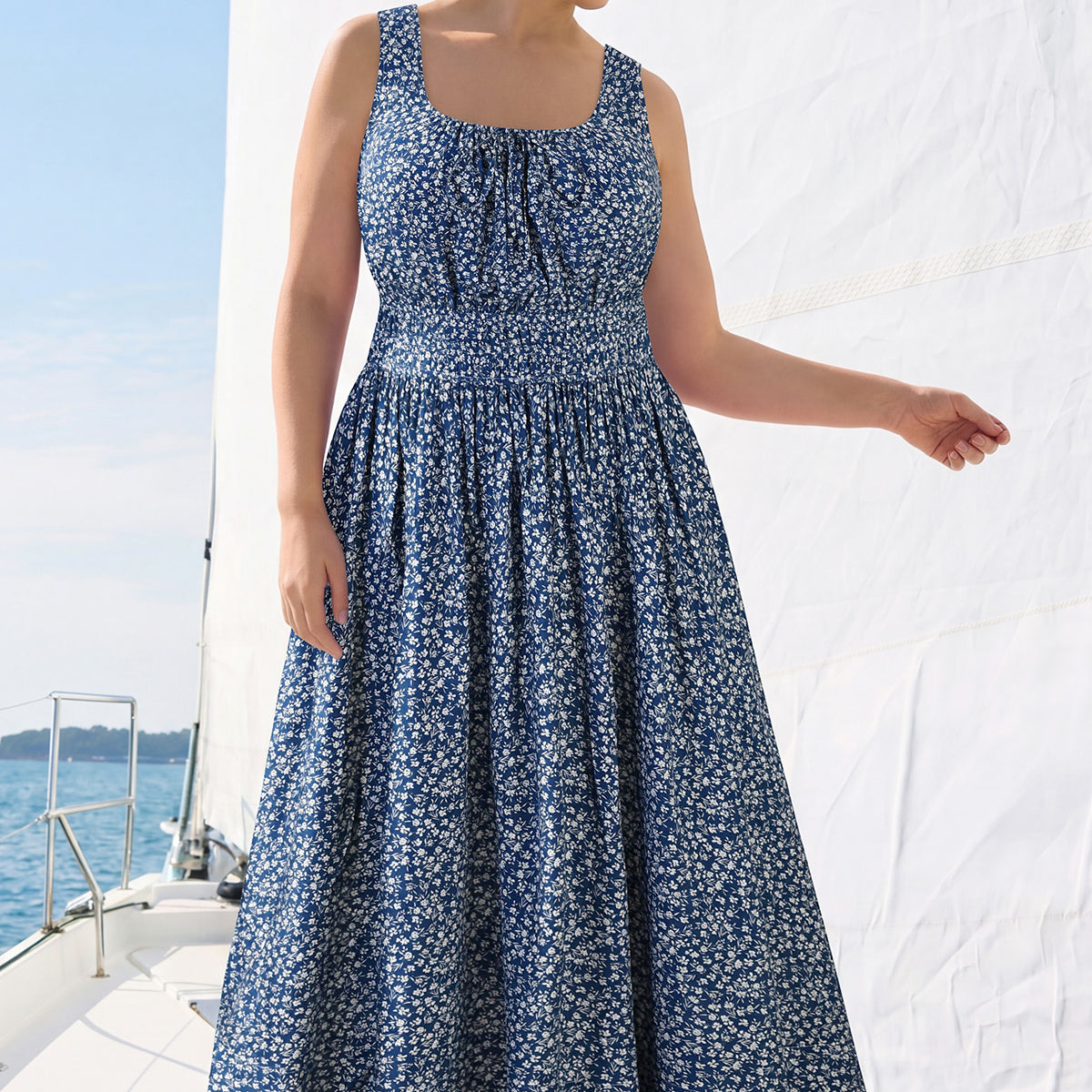 Printed Front Tie Neck Sleeveless Midi Dress