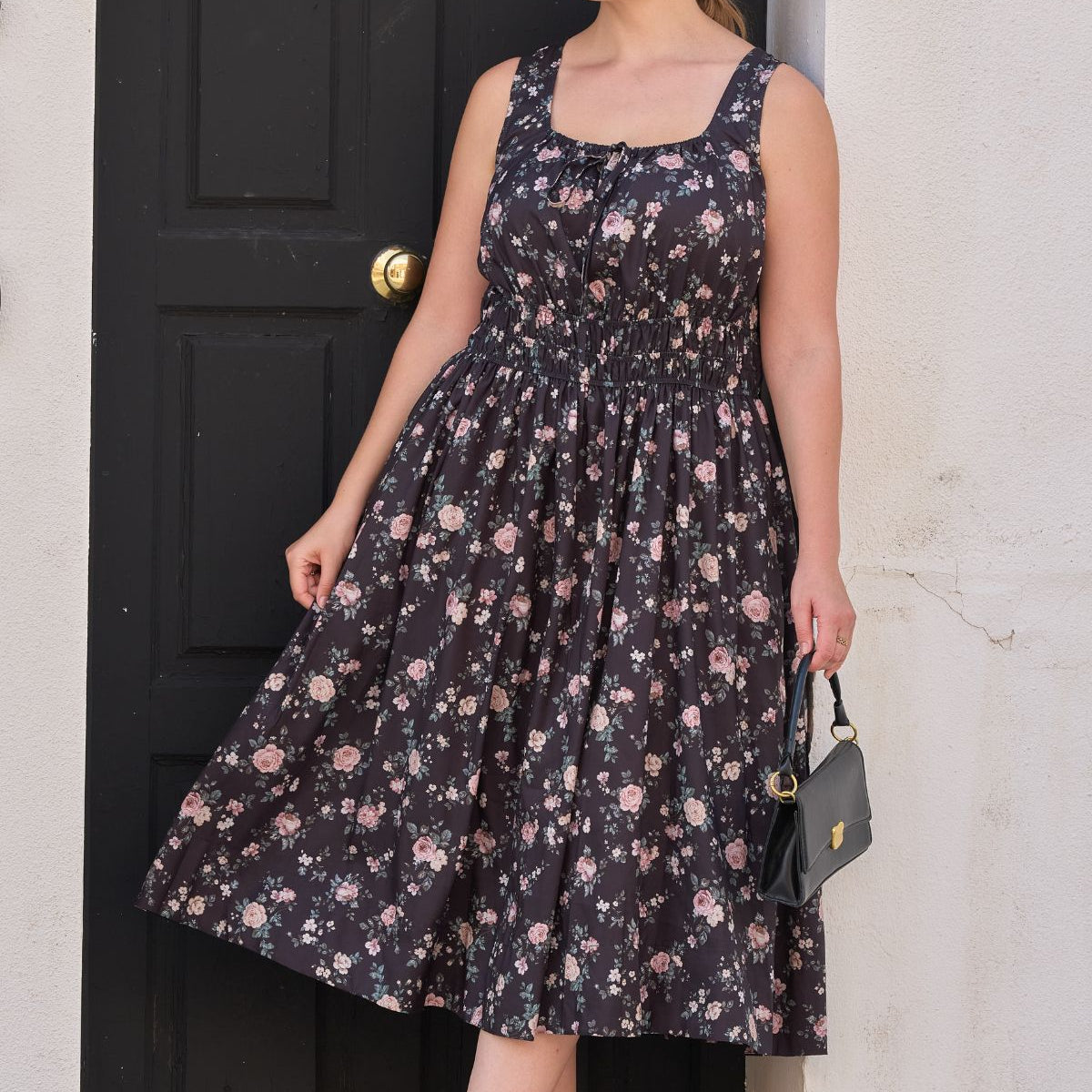 Printed Front Tie Neck Sleeveless Midi Dress