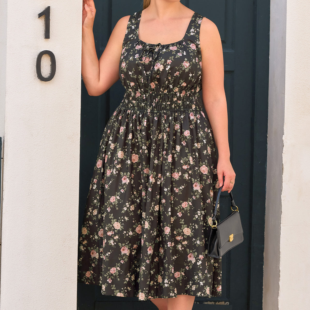 Printed Front Tie Neck Sleeveless Midi Dress