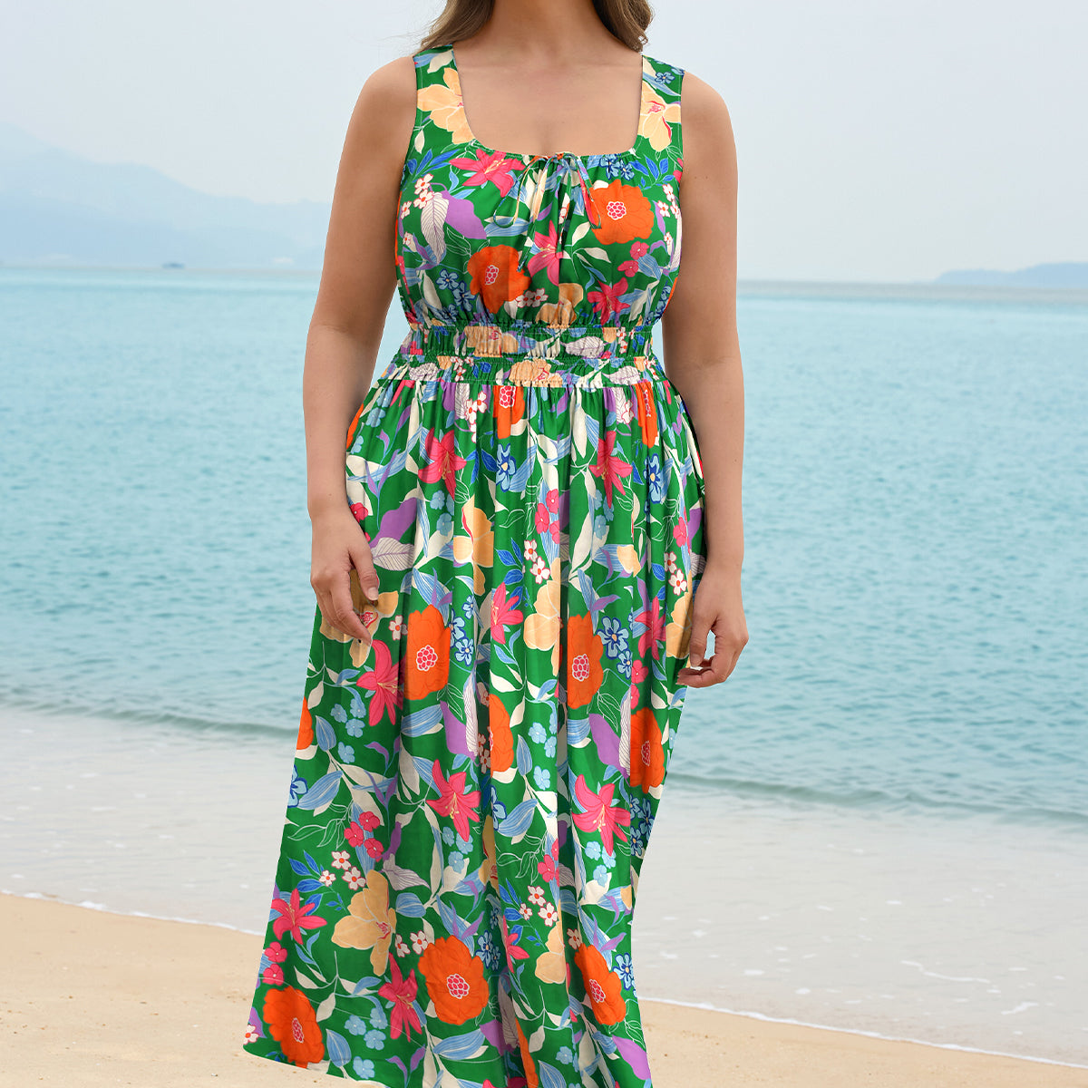 Printed Front Tie Neck Sleeveless Midi Dress