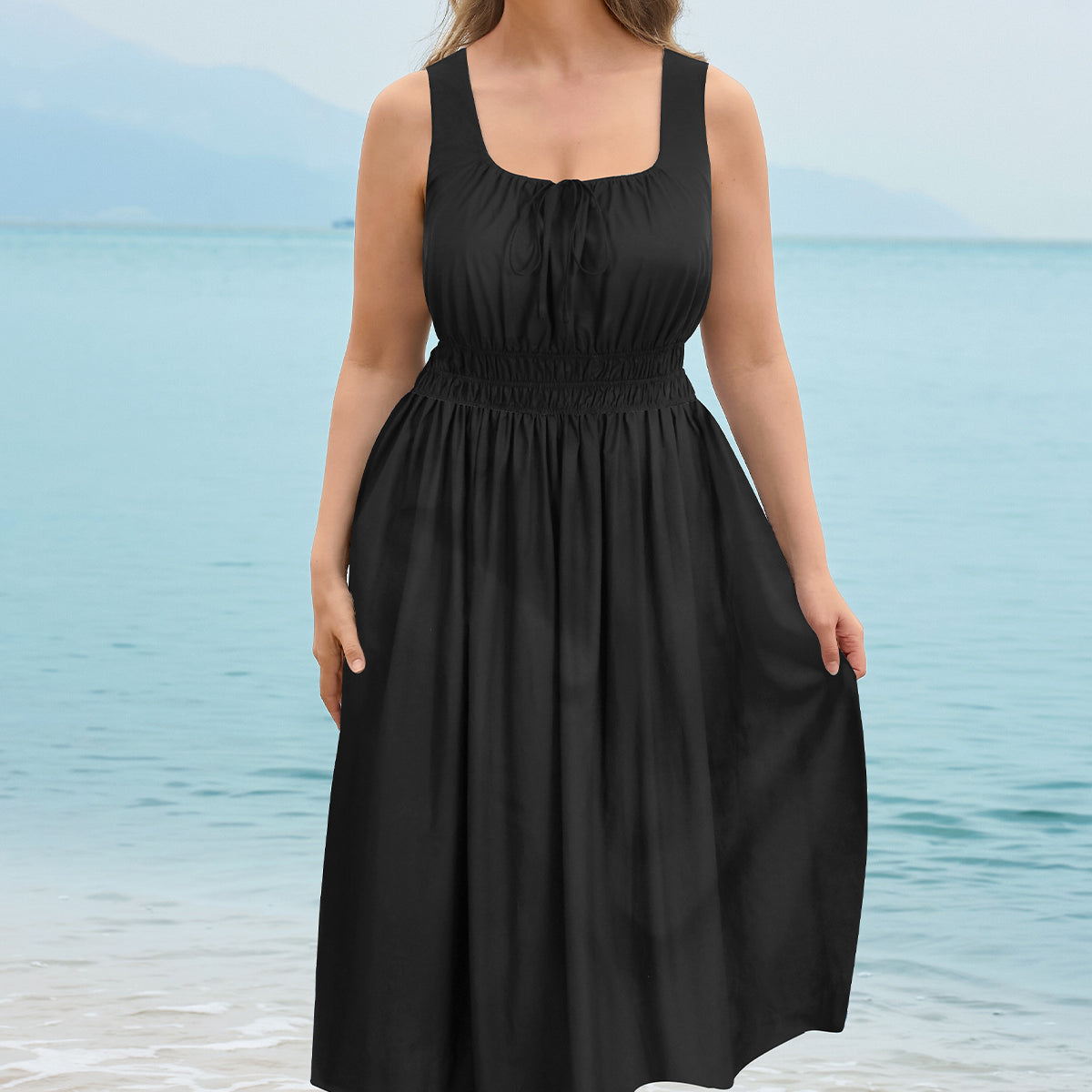 Printed Front Tie Neck Sleeveless Midi Dress