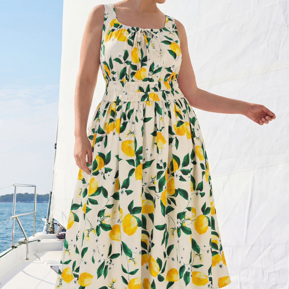 Printed Front Tie Neck Sleeveless Midi Dress