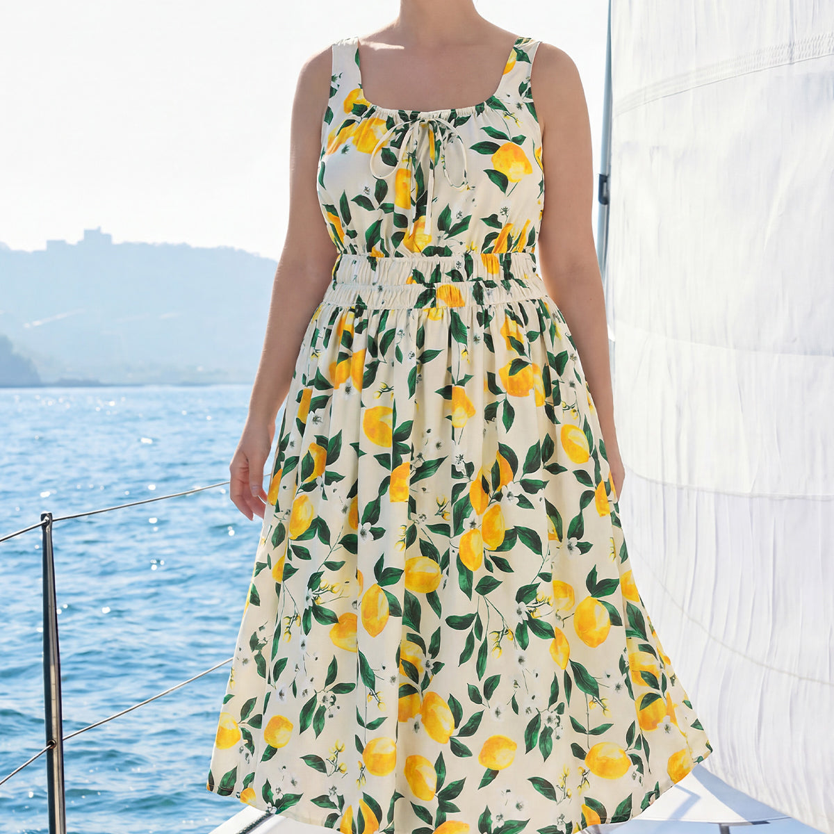 Printed Front Tie Neck Sleeveless Midi Dress