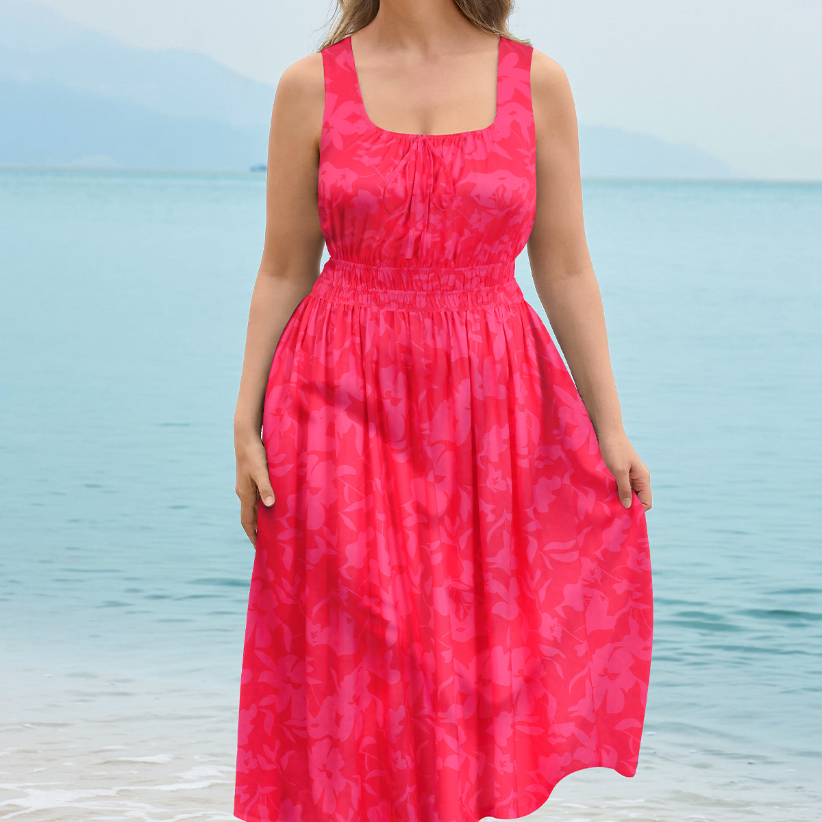 Printed Front Tie Neck Sleeveless Midi Dress
