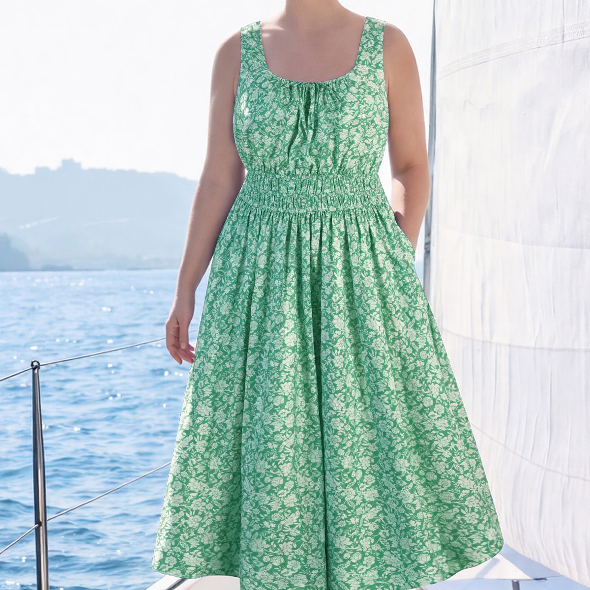 Printed Front Tie Neck Sleeveless Midi Dress