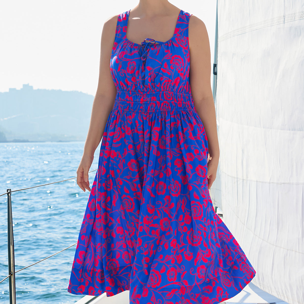 Printed Front Tie Neck Sleeveless Midi Dress