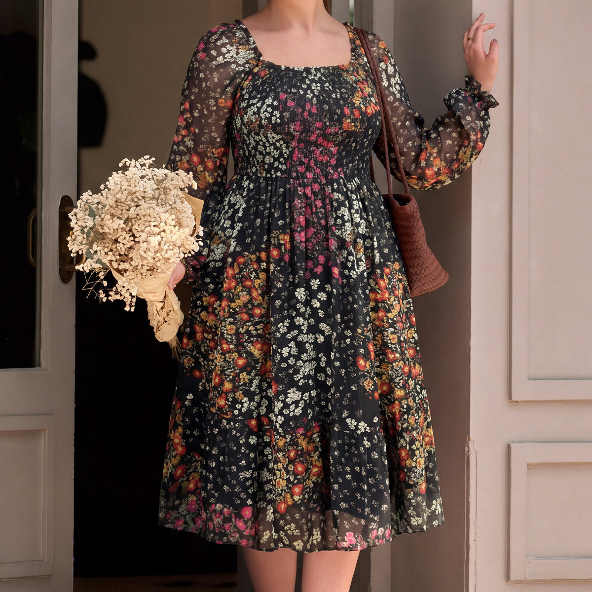 Retro Floral Print Square Neck Smocked Ruffle Cuff Midi Dress