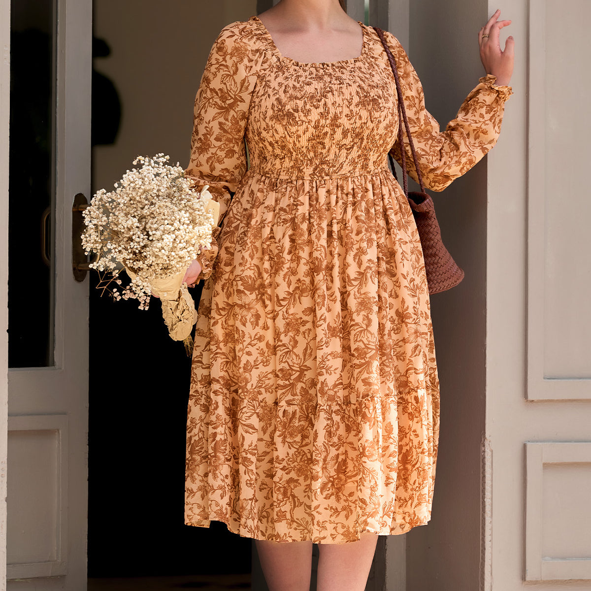 Retro Floral Print Square Neck Smocked Ruffle Cuff Midi Dress