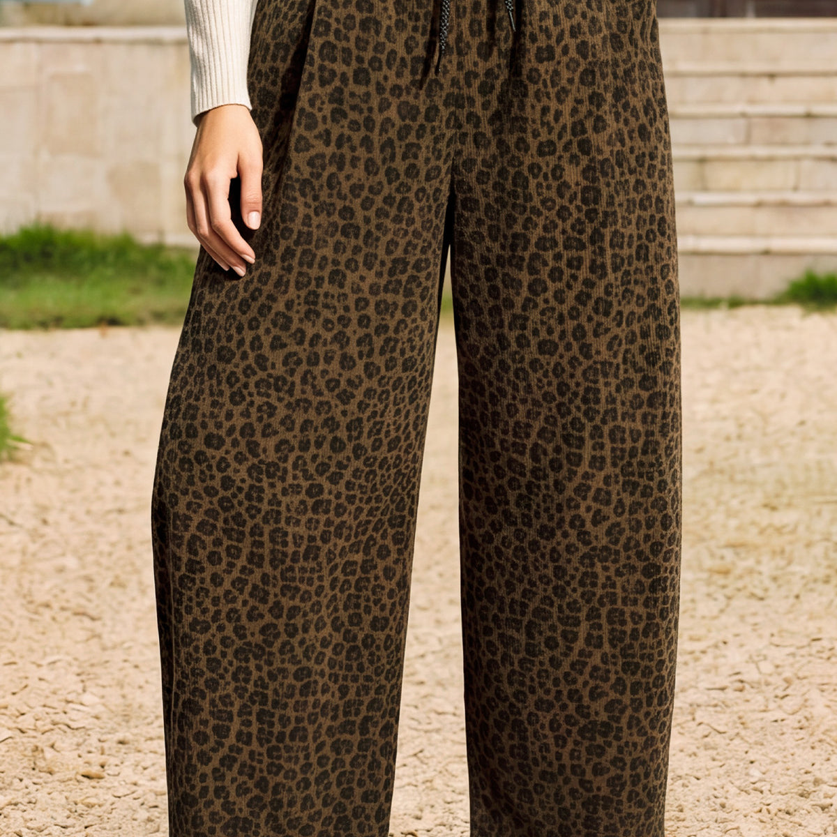Leopard Print Corduroy High-Waisted Drawstring Barrel-Leg Fall Pants