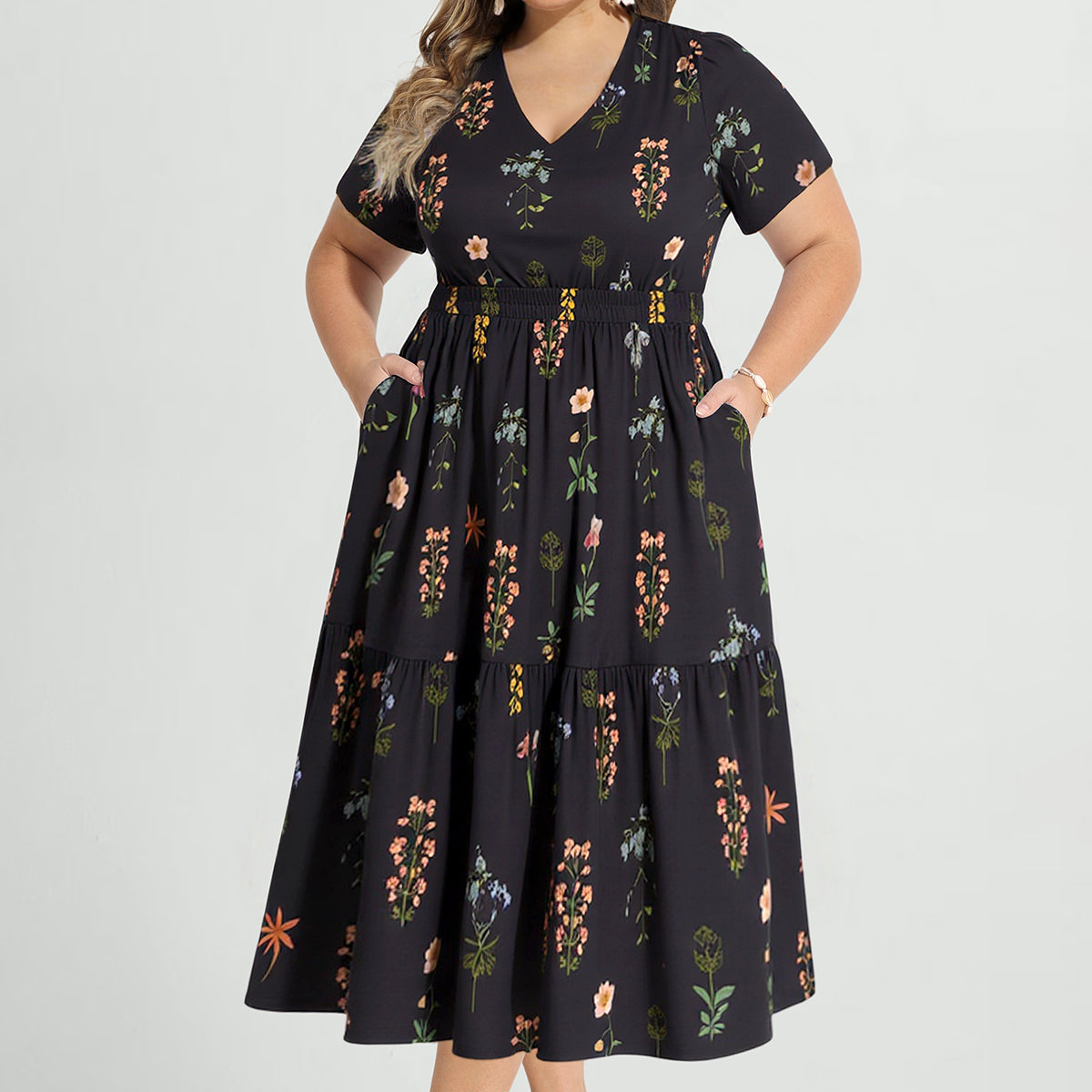 Floral Pocket Elasticated Waist Midi Dress