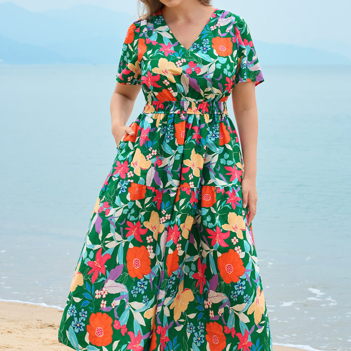 Floral Pocket Elasticated Waist Midi Dress