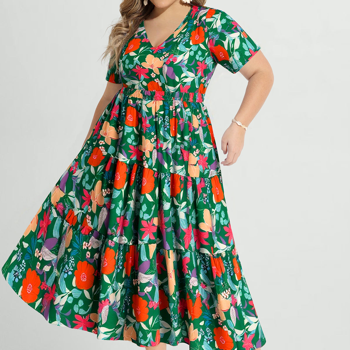 Baroque Print Elastic Waist Pocketed Midi Dress