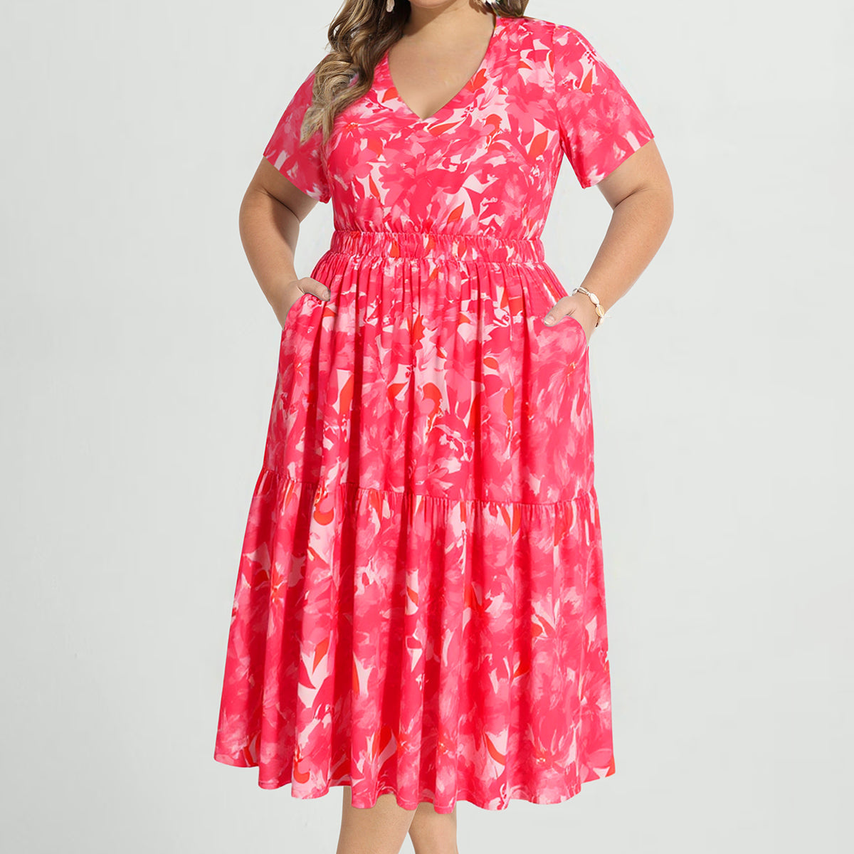 Floral Pocket Elasticated Waist Midi Dress