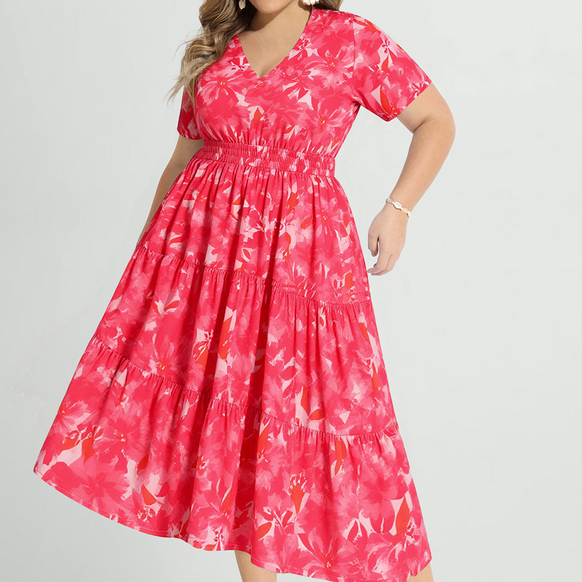 Tropical Floral Elastic Waist Pocketed Midi Dress