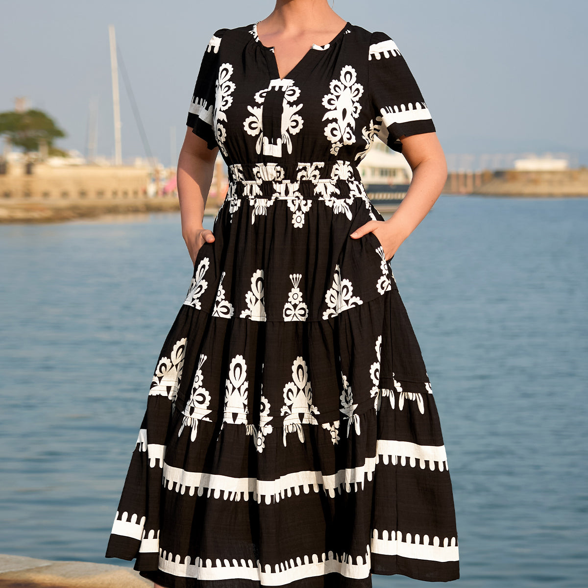 Boho Smocked Waist Tiered Midi Dress