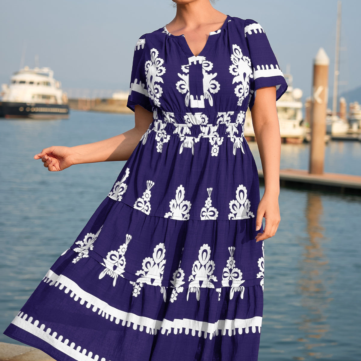 Bohe Smocked Waist Tiered Midi Dress